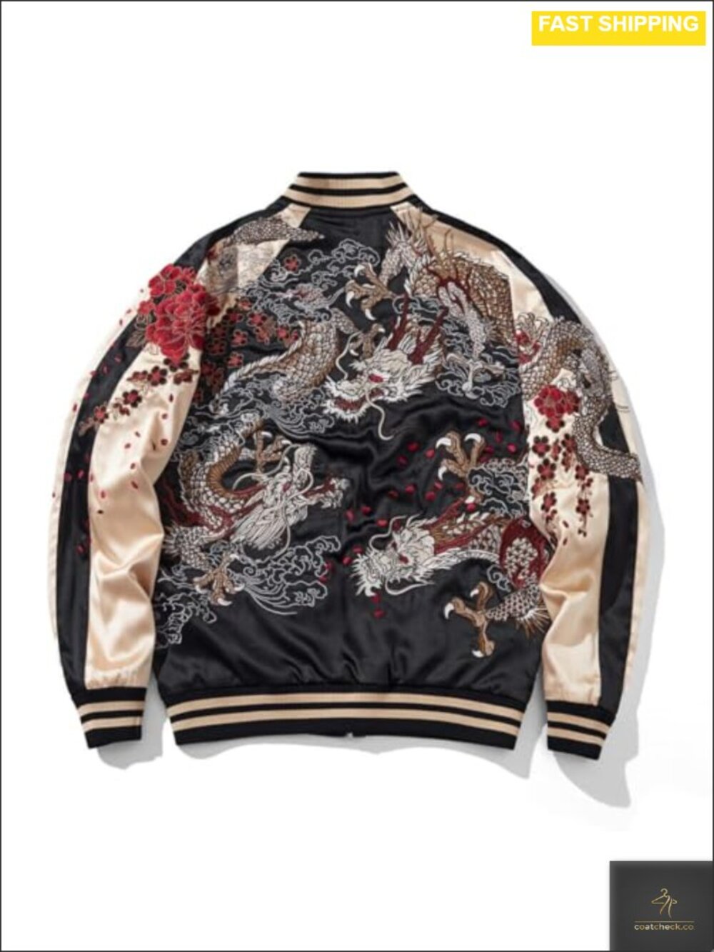Dragon Embroidered Satin Bomber Jacket Japanese Style